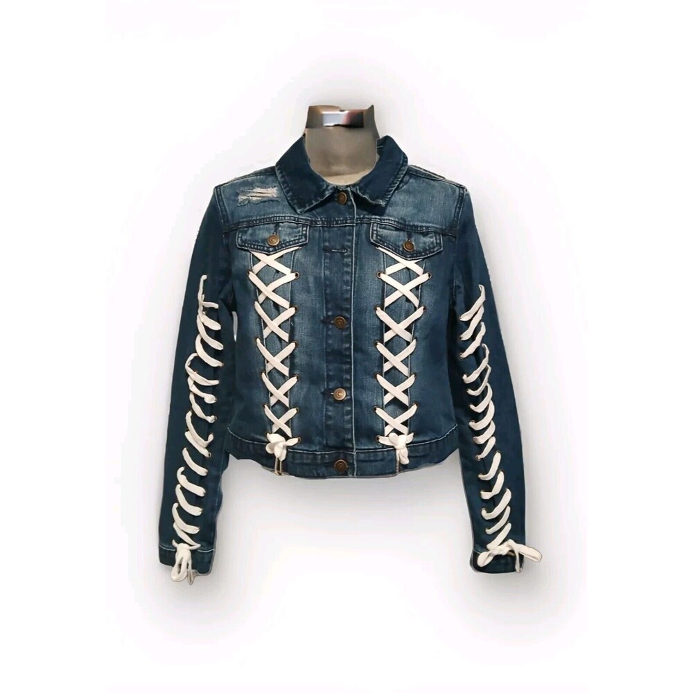 Blue Revival Crop White Laced Up Distressed Denim Jacket Women Size M Srp $140